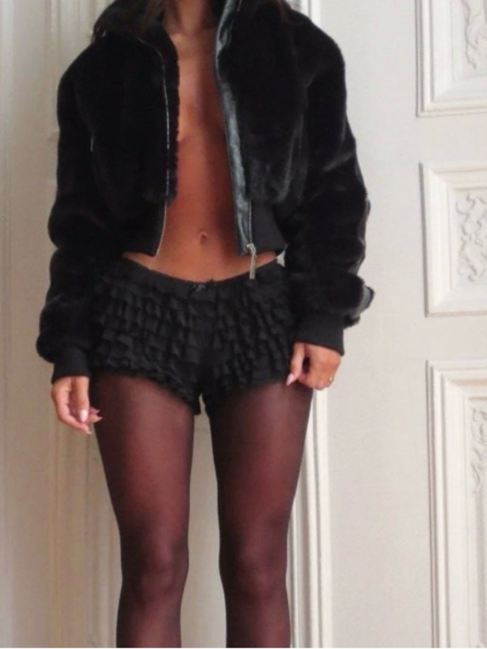 Black Faux-Fur Cropped Bomber Jacket - Women